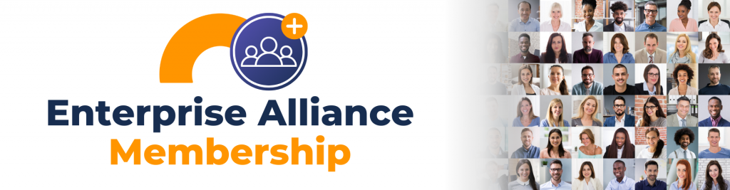Text says Enterprise Alliance Membership with an icon of individuals with a plus sign, as well as a set of portraits of professionals.