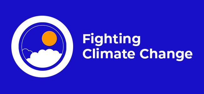 Icon of sunrise over cloud tops with the words “Fighting Climate Change”